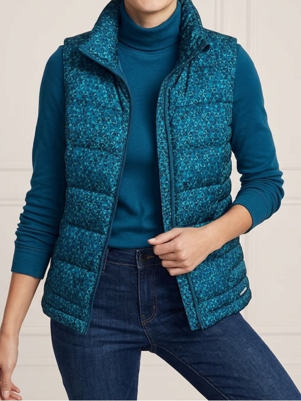 Lands' End Blue/Teal Geometric Star Print Down Puffer Vest